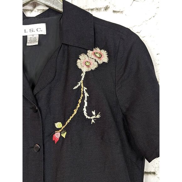 VINTAGE Floral Embroidered Linen-Blend Shirt Black Cottage Boho Coastal Small - Picture 2 of 5